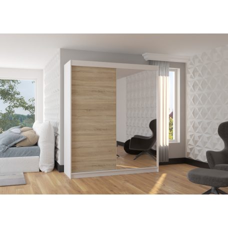 Üveges tolóajtós szekrény VIKI 180, Fehér, Sonoma