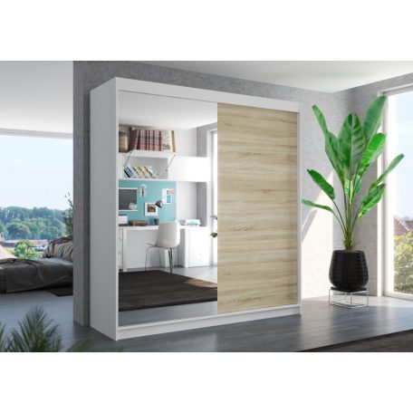 Üveges tolóajtós szekrény DELLA 200, Fehér, Sonoma