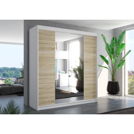 Üveges tolóajtós szekrény PERQS 200, Fehér, Sonoma