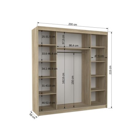 Üveges tolóajtós szekrény PERQS 200, Fehér, Sonoma