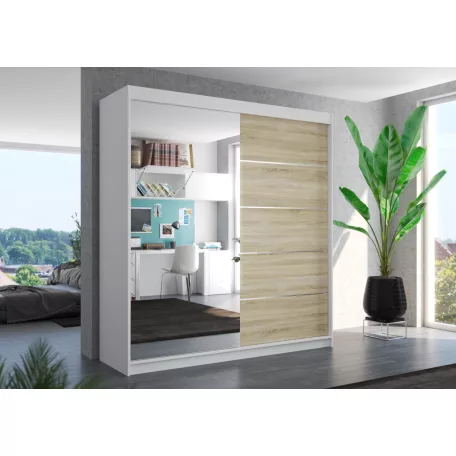 Üveges tolóajtós szekrény OLIVER 200, Fehér, Sonoma