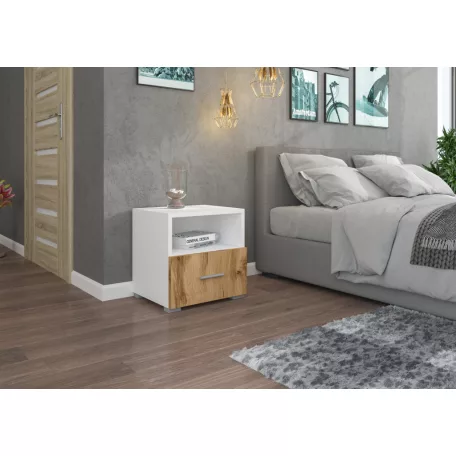 Éjjeliszekrény fiókkal EMI, Fehér, Wotan Tölgy