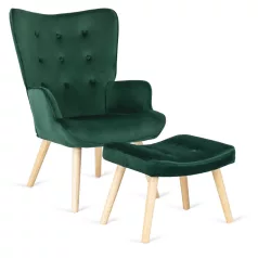 LOZANO Lounge Fotel Lábtartóval, Zöld Bársony