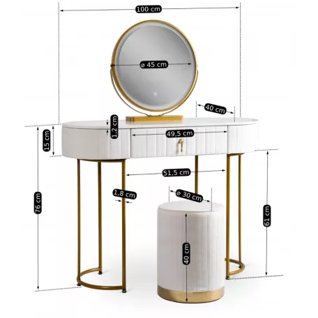 SARAH Fésülködőasztal Fehér/Arany
