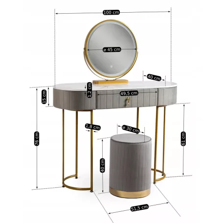 ASHLEY Fésülködőasztal Szürke/Arany