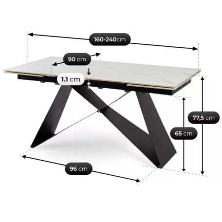 VICTOR Kerámia Kihúzható Asztal 160-240 cm Fehér Márvány/Fekete