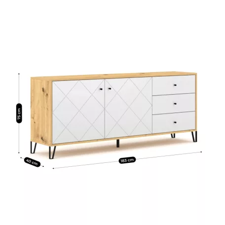 BACARDI Fiókos Komód 183 cm Artisan Tölgyfa/Fehér