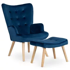 LOZANO Lounge Fotel Lábtartóval, Sötétkék Bársony