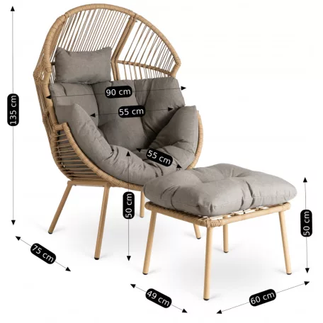 PORTLAND Szürke Kerti Lounge Fotel Lábtartóval