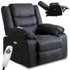   JASPER Elektromos Dönthető Masszázsfotel, Fekete, Ökobőr