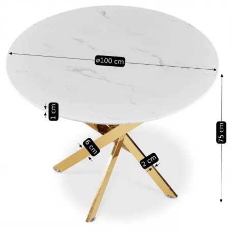 BALI Üvegasztal 100 cm Fehér Márvány/Arany