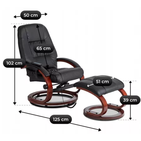 CANO fűthető masszázsfotel lábtartóval, fekete öko bőr