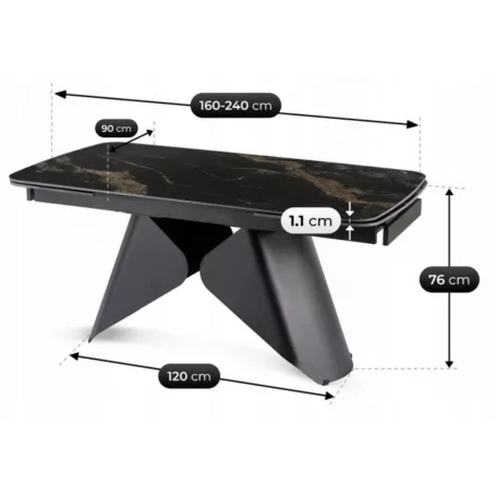 VERONA Kerámia Kihúzható Asztal 160-240 cm Fekete Márvány/Fekete