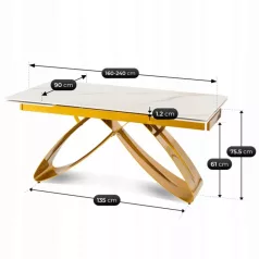   LUIGI Kerámia Kihúzható Asztal 160-240 cm Fehér Márvány/Arany