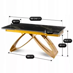   LUIGI Kerámia Kihúzható Asztal 160-240 cm Fekete és Arany Márvány/Arany