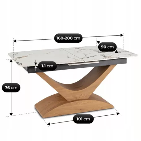 ALICANTE Kerámia Kihúzható Asztal 160-200 cm Fehér Márvány/Tölgy