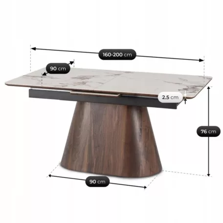 LIZBONA Kerámia Kihúzható Asztal 160-200 cm Fehér Márvány/Diófa