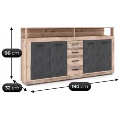 BLAGO Fiókos Komód 190 cm Nyers Tölgy/Fekete