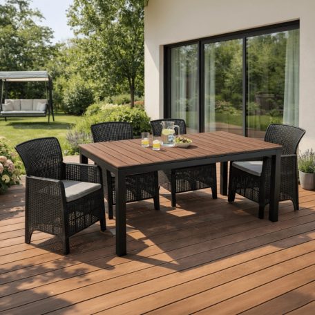 Kerti bútorkészlet Asztal ARGOS 160-260 cm Orzech i 4 Fotele FRESNO Czarne