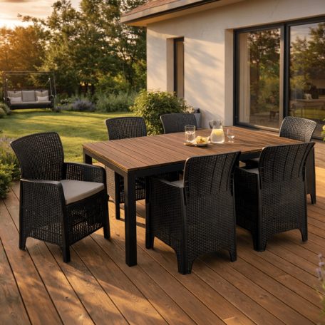 Kerti bútorkészlet Asztal ARGOS 160-260 cm Orzech i 6 Foteli FRESNO Feketech