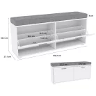 Pelago 120 fehér + szürke cipősszekrény (1200-as cipőspad, fehér/fehér szín, kárpitozott ülőfelülettel)
