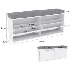   Pelago 120 fehér + szürke cipősszekrény (1200-as cipőspad, fehér/fehér szín, kárpitozott ülőfelülettel)