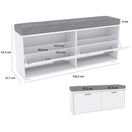 Pelago 120 fehér + szürke cipősszekrény (1200-as cipőspad, fehér/fehér szín, kárpitozott ülőfelülettel)