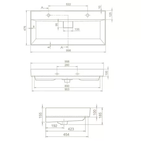 TMP SHARP fali fürdőszobabútor CeraStyle SHARP - FEKETE mosdóval DUPLA csaplyukkal - 100 x 48 cm