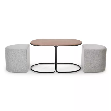 PAMPA, dohányzóasztal puffokkal, teteje: dió, lábak: fekete, puff: szürke