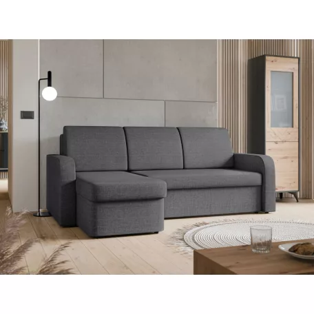 Totii sarok ülőgarnitúra sötét szürke szövettel ágyazható, ágyneműtartós Lux 06