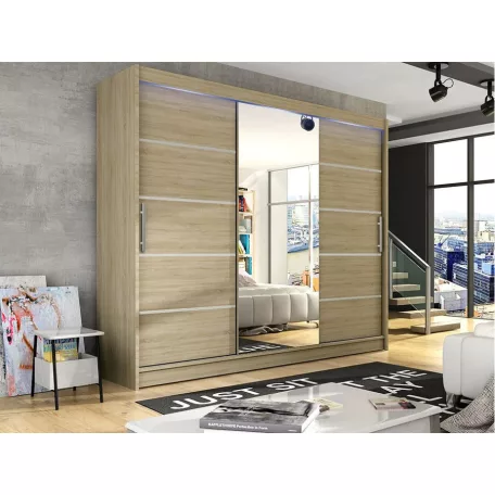 Palma LUX 200 cm tolóajtós gardróbszekrény 4 fiókkal, sonoma színben