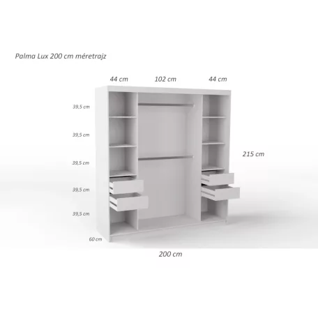 Palma LUX 200 cm tolóajtós gardróbszekrény 4 fiókkal, sonoma színben