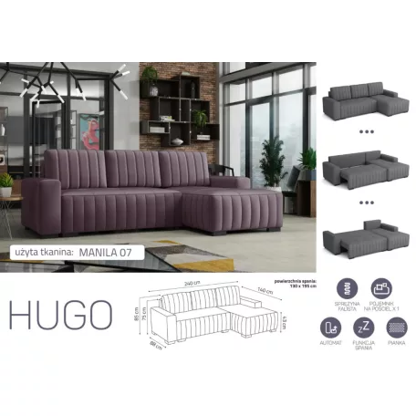 HUGO ággyá alakítható, ágyneműtartós, hullámrugós sarok kanapé Manila 07 színben