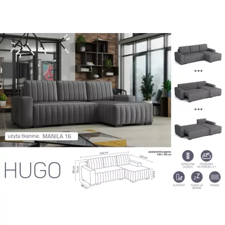 HUGO ággyá alakítható, ágyneműtartós, hullámrugós sarok kanapé Manila 16 színben
