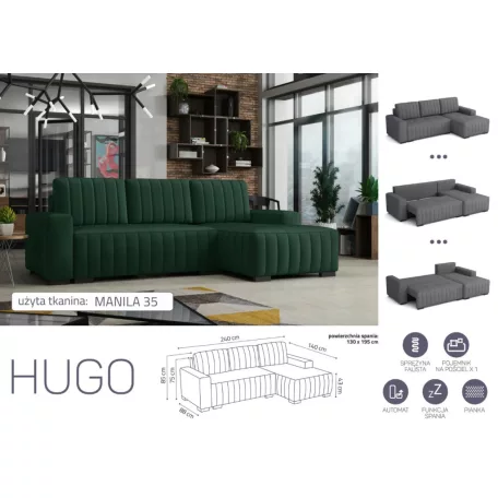 HUGO ággyá alakítható, ágyneműtartós, hullámrugós sarok kanapé Manila 35 színben