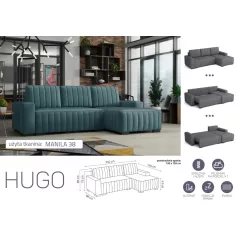   HUGO ággyá alakítható, ágyneműtartós, hullámrugós sarok kanapé Manila 38 színben