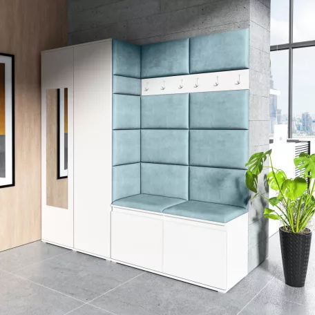 Blum 8 kárpitozott előszobafal tükörrel, fehér-aqua 22 - egyedi