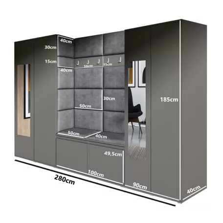 Blum 10 kárpitozott előszobafal tükörrel, artisan/fekete - fekete 16