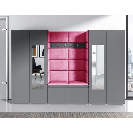 Blum 10 kárpitozott előszobafal tükörrel, grafit - pink 10 - egyedi