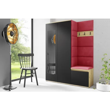 Blum 11 kárpitozott előszobafal tükörrel, artisan/fekete - piros 09 - egyedi