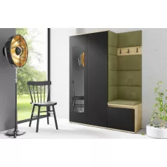   Blum 11 kárpitozott előszobafal tükörrel, artisan/fekete - oliva zöld 27 - egyedi