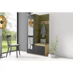   Blum 13 kárpitozott előszobafal tükörrel, artisan/fekete - oliva zöld 27 - egyedi