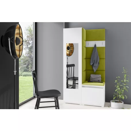 Blum 13 kárpitozott előszobafal tükörrel, fehér - zöld 12 - egyedi