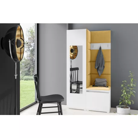 Blum 13 kárpitozott előszobafal tükörrel, fehér - sárga 18 - egyedi