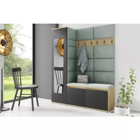 Blum 14 kárpitozott előszobafal tükörrel, artisan/fekete - menta 21 - egyedi