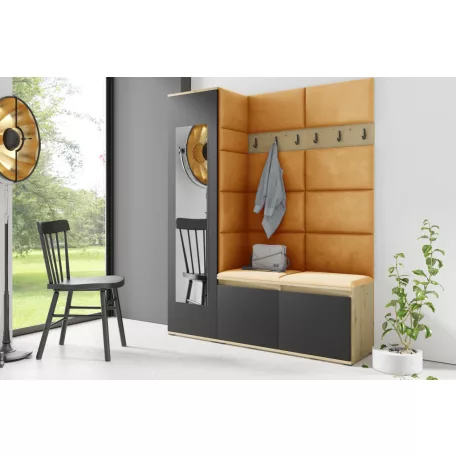 Blum 14 kárpitozott előszobafal tükörrel, artisan/fekete - sárga 26 - egyedi