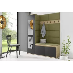   Blum 14 kárpitozott előszobafal tükörrel, artisan/fekete - oliva zöld 27 - egyedi