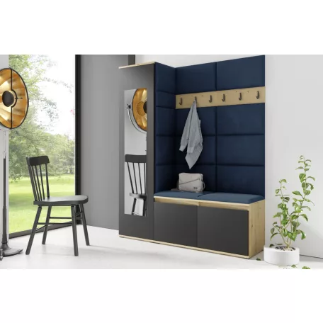 Blum 14 kárpitozott előszobafal tükörrel, artisan/fekete - sötétkék 30 - egyedi