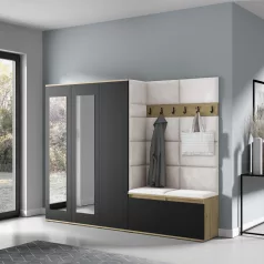   Blum 15 kárpitozott előszobafal tükörrel, artisan/fekete - krém 01