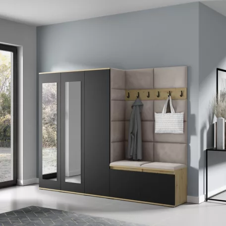 Blum 15 kárpitozott előszobafal tükörrel, artisan/fekete - bézs 03